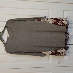 Oddy melange mixed material blouse top XL gray w floral sides & back flowy long